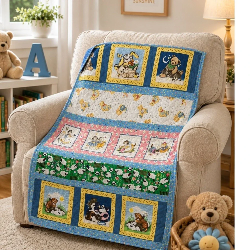 Handmade Baby Quilt Animal Patchwork Teddy Bear Kitten Sheep Blue Nursery 46x56